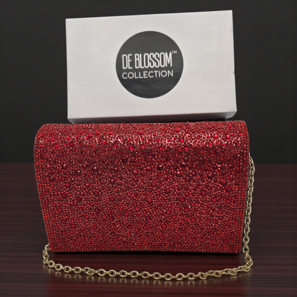 De Blossom Collection Red Sparkly Evening Bag Satin Clutch Gold Chain Like New